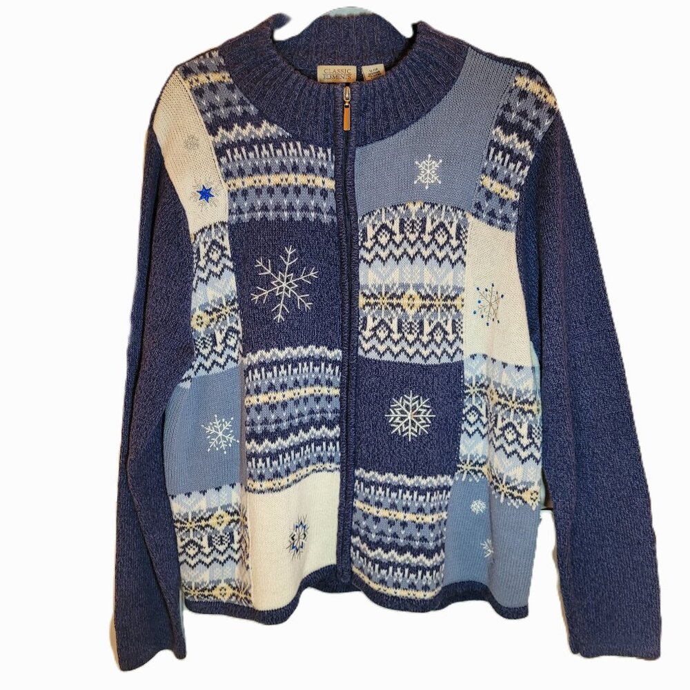 Classic Elements Holiday Grandmacore Sweater Embroidered Snowflakes Blue XL